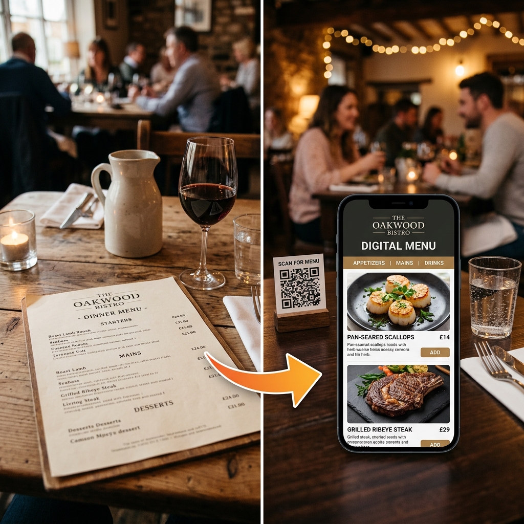 Paper menu changing into a digital restaurant menu